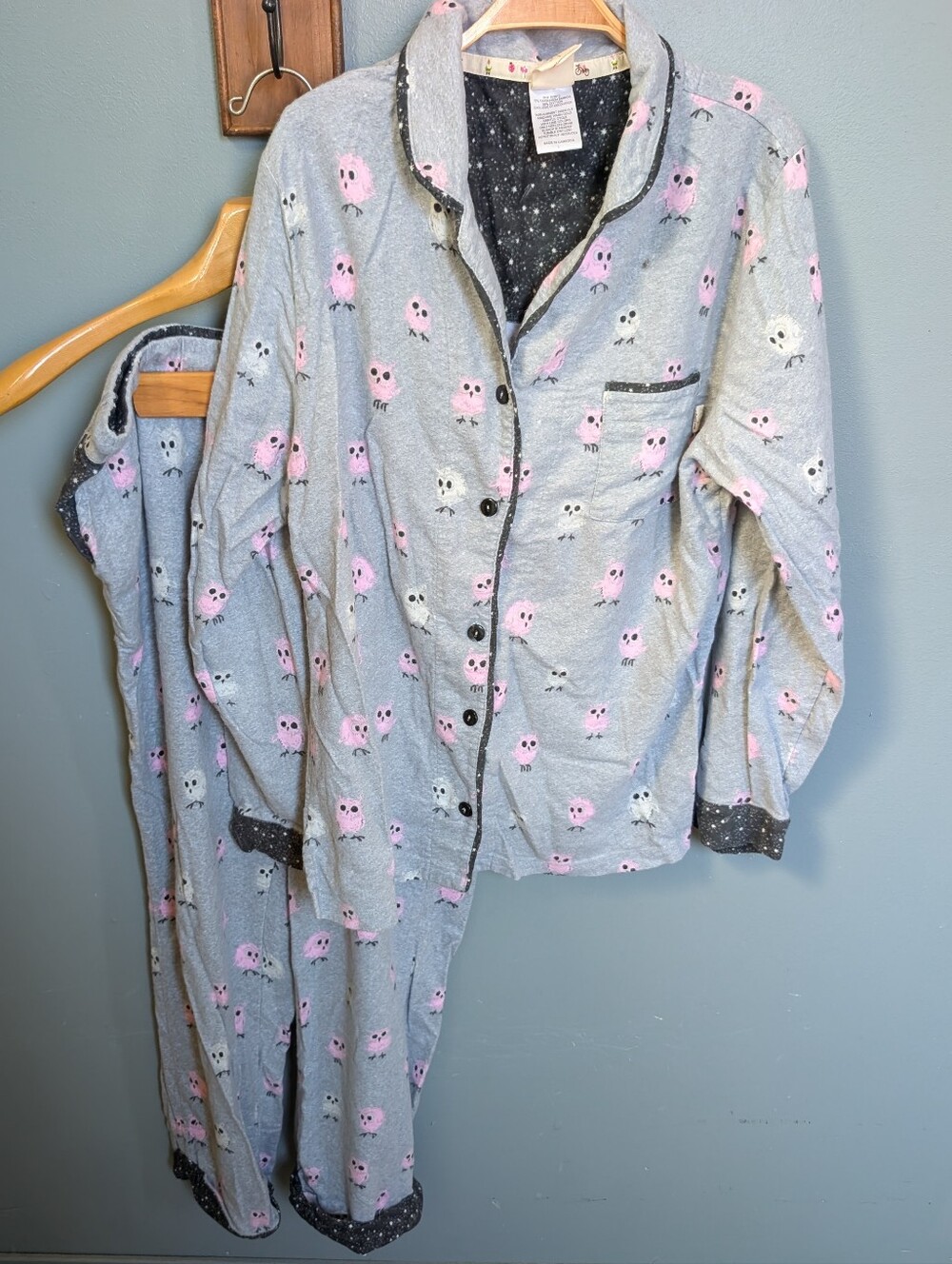 Munki Munki Soft Flannel Grey Owl Print Pajama Set with Pink Accents